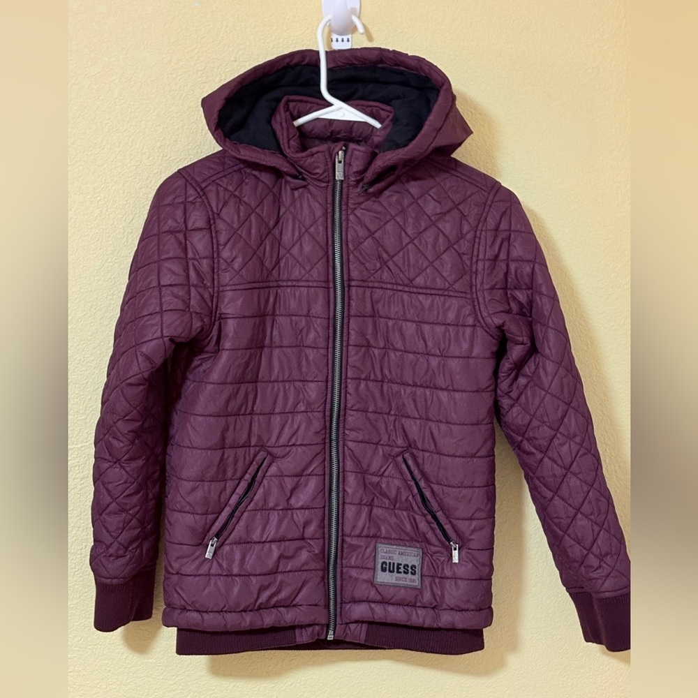 Guess Girls Jacket Hooded Quilted  Burgundy Size 10-12 Zip Front Warm Coat